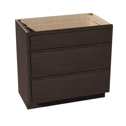 SM - VDB3621: Mocha Brown Slim Shaker 36"W x 34 - 1/2"H x 21"D 3 Drawers Vanity Base Cabinets - NextCabinets