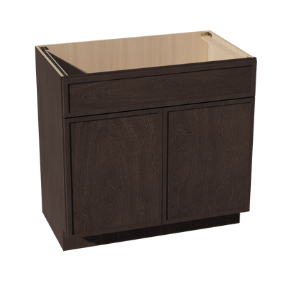 SM - VSB3621: Mocha Brown Slim Shaker 36"W x 34 - 1/2"H x 21"D 2 Doors & 1 False Drawer Vanity Sink Base Cabinets - NextCabinets