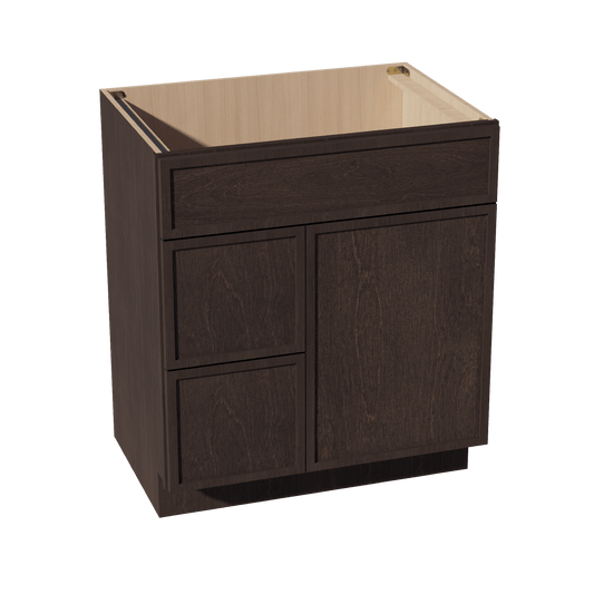 SM - VSD3021L: Mocha Brown Slim Shaker 30"W x 34 - 1/2"H x 21"D 1 Door & 2 Left Drawers Offset Vanity Sink Base Cabinets - NextCabinets
