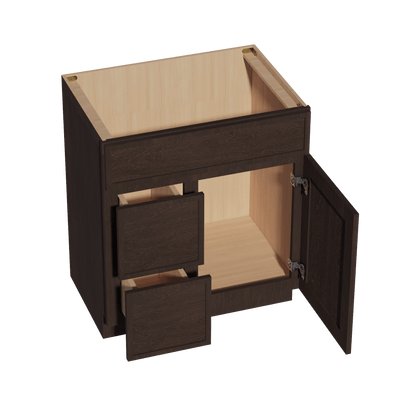 SM - VSD3021L: Mocha Brown Slim Shaker 30"W x 34 - 1/2"H x 21"D 1 Door & 2 Left Drawers Offset Vanity Sink Base Cabinets - NextCabinets