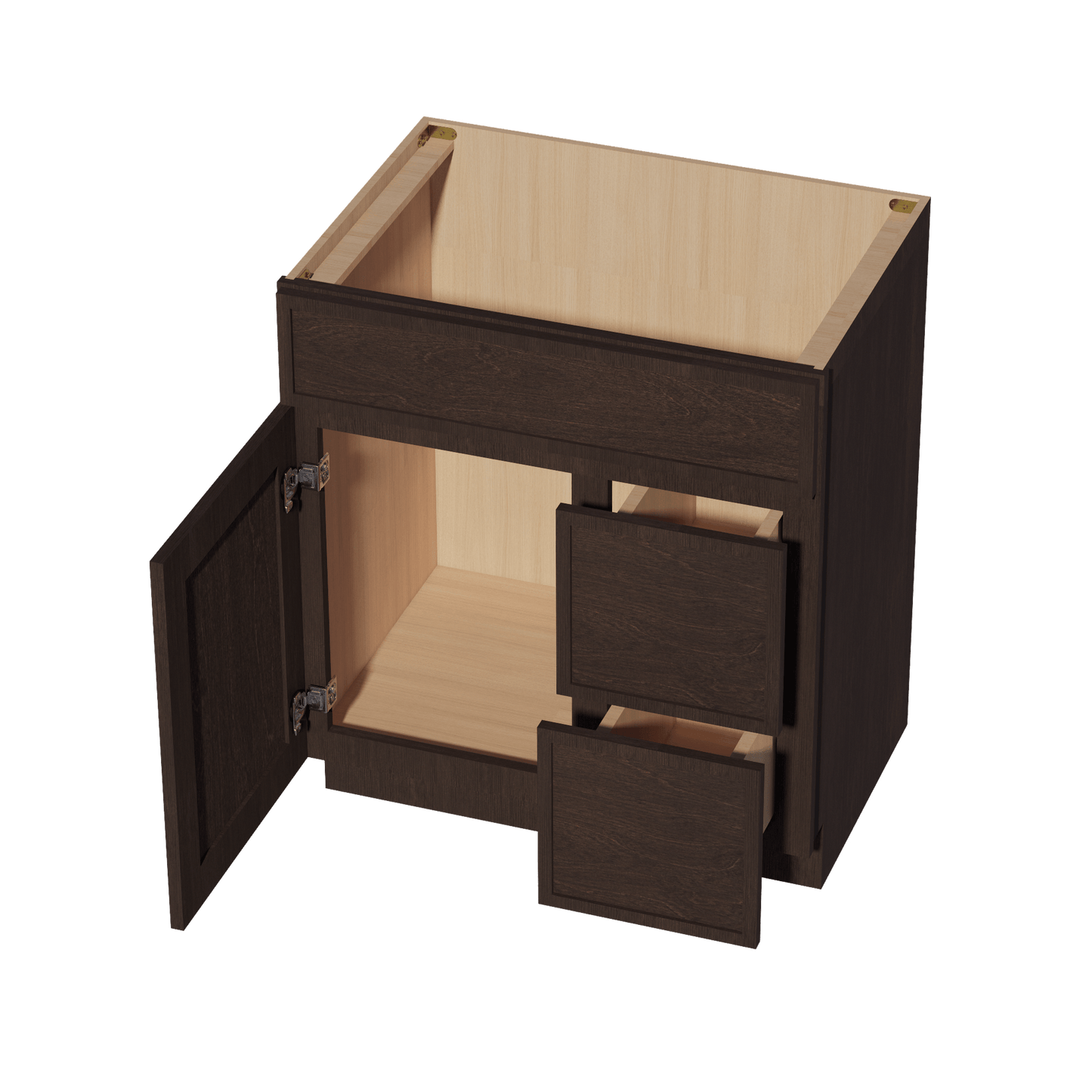 SM - VSD3021R: Mocha Brown Slim Shaker 30"W x 34 - 1/2"H x 21"D 1 Door & 2 Right Drawers Offset Vanity Sink Base Cabinets - NextCabinets