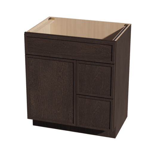 SM - VSD3021R: Mocha Brown Slim Shaker 30"W x 34 - 1/2"H x 21"D 1 Door & 2 Right Drawers Offset Vanity Sink Base Cabinets - NextCabinets