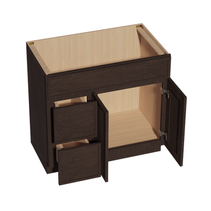 SM - VSD3621L: Mocha Brown Slim Shaker 36"W x 34 - 1/2"H x 21"D 2 Doors & 2 Left Drawers Offset Vanity Sink Base Cabinets - NextCabinets