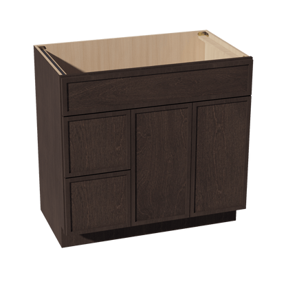 SM - VSD3621L: Mocha Brown Slim Shaker 36"W x 34 - 1/2"H x 21"D 2 Doors & 2 Left Drawers Offset Vanity Sink Base Cabinets - NextCabinets