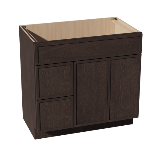 SM - VSD3621L: Mocha Brown Slim Shaker 36"W x 34 - 1/2"H x 21"D 2 Doors & 2 Left Drawers Offset Vanity Sink Base Cabinets - NextCabinets