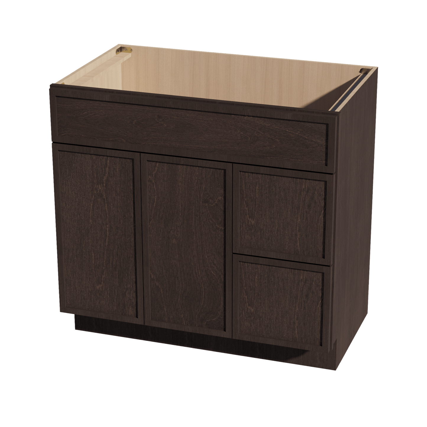 SM - VSD3621R: Mocha Brown Slim Shaker 36"W x 34 - 1/2"H x 21"D 2 Doors & 2 Right Drawers Offset Vanity Sink Base Cabinets - NextCabinets