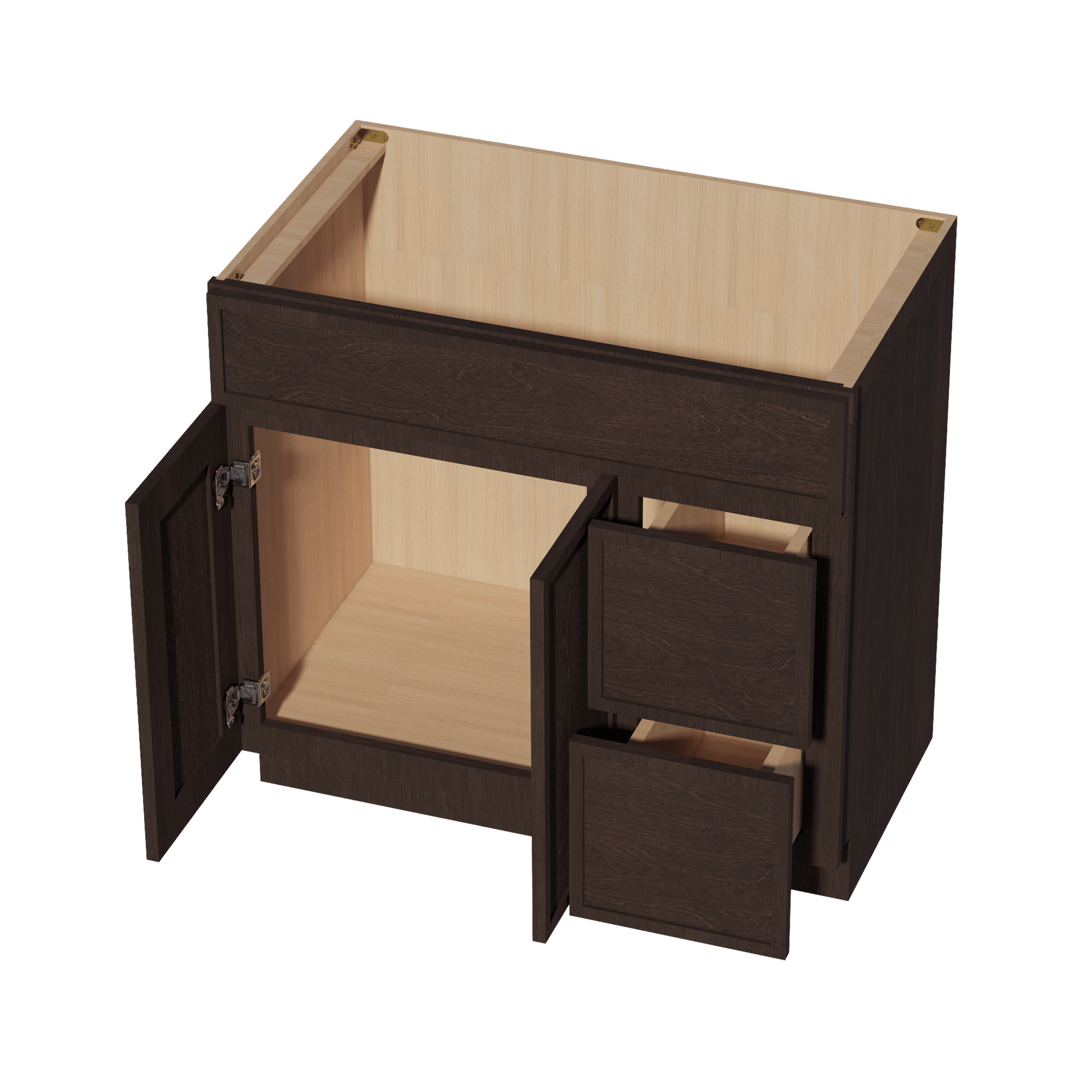 SM - VSD3621R: Mocha Brown Slim Shaker 36"W x 34 - 1/2"H x 21"D 2 Doors & 2 Right Drawers Offset Vanity Sink Base Cabinets - NextCabinets