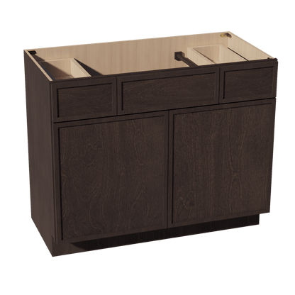 SM - VSD4221: Mocha Brown Slim Shaker 42"W x 34 - 1/2"H x 21"D 2 Doors, 2 Drawers & 1 False Drawer Centered Vanity Sink Base Cabinets - NextCabinets