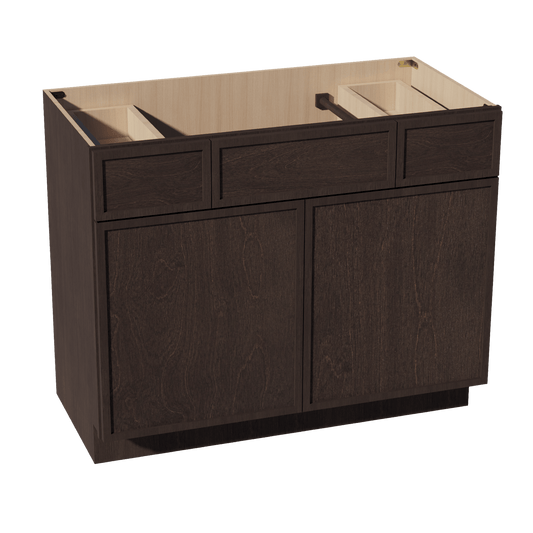 SM - VSD4221: Mocha Brown Slim Shaker 42"W x 34 - 1/2"H x 21"D 2 Doors, 2 Drawers & 1 False Drawer Centered Vanity Sink Base Cabinets - NextCabinets