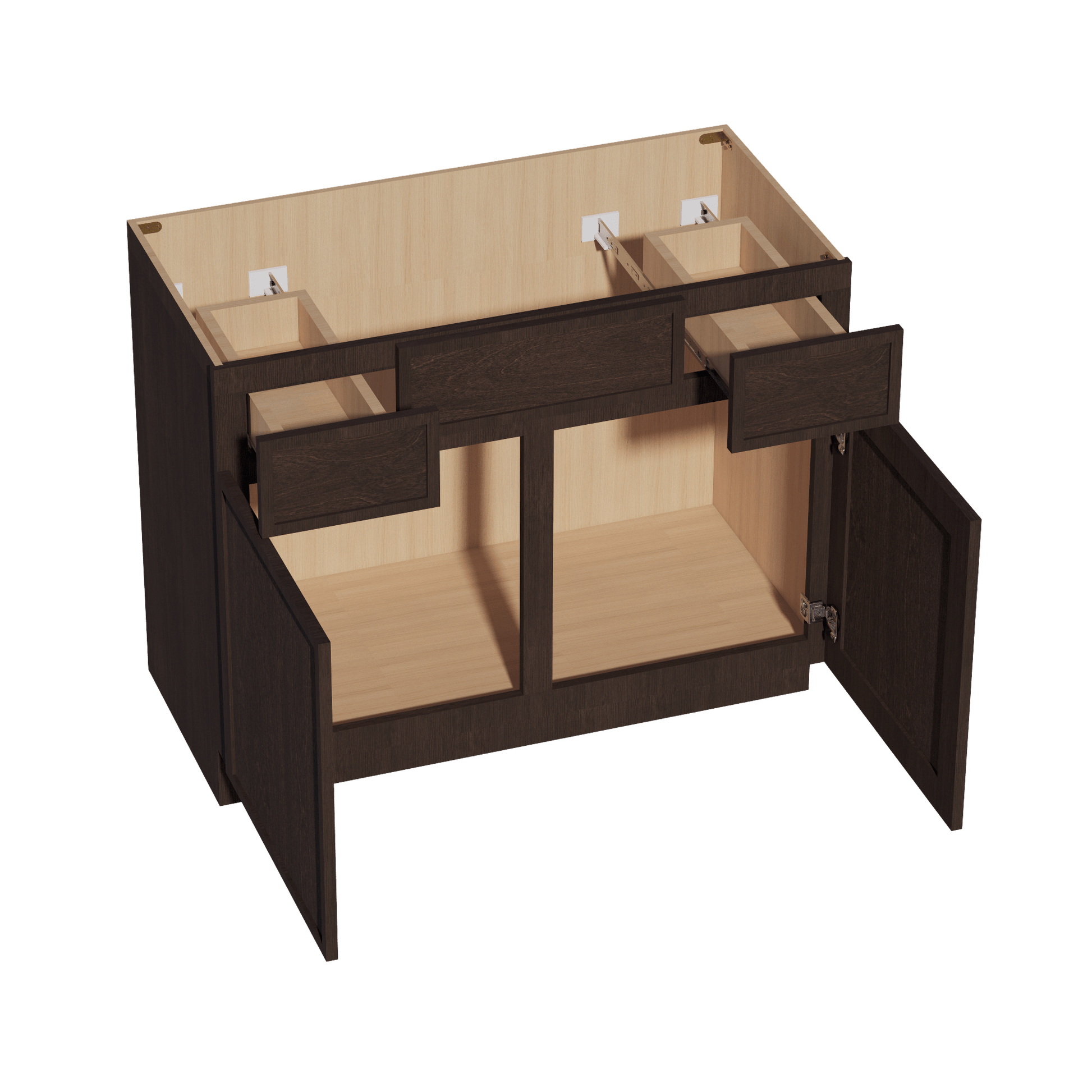 SM - VSD4221: Mocha Brown Slim Shaker 42"W x 34 - 1/2"H x 21"D 2 Doors, 2 Drawers & 1 False Drawer Centered Vanity Sink Base Cabinets - NextCabinets