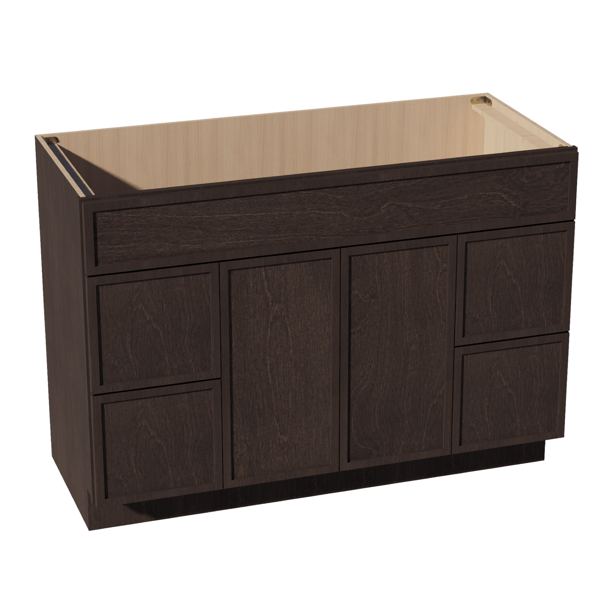 SM - VSD4821: Mocha Brown Slim Shaker 48"W x 34 - 1/2"H x 21"D 2 Doors, 4 Drawers & 1 False Drawer Centered Vanity Sink Base Cabinets - NextCabinets