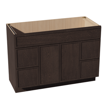 SM - VSD4821: Mocha Brown Slim Shaker 48"W x 34 - 1/2"H x 21"D 2 Doors, 4 Drawers & 1 False Drawer Centered Vanity Sink Base Cabinets - NextCabinets
