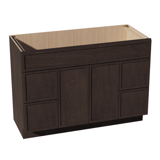 SM - VSD4821: Mocha Brown Slim Shaker 48"W x 34 - 1/2"H x 21"D 2 Doors, 4 Drawers & 1 False Drawer Centered Vanity Sink Base Cabinets - NextCabinets