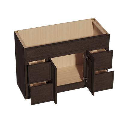 SM - VSD4821: Mocha Brown Slim Shaker 48"W x 34 - 1/2"H x 21"D 2 Doors, 4 Drawers & 1 False Drawer Centered Vanity Sink Base Cabinets - NextCabinets