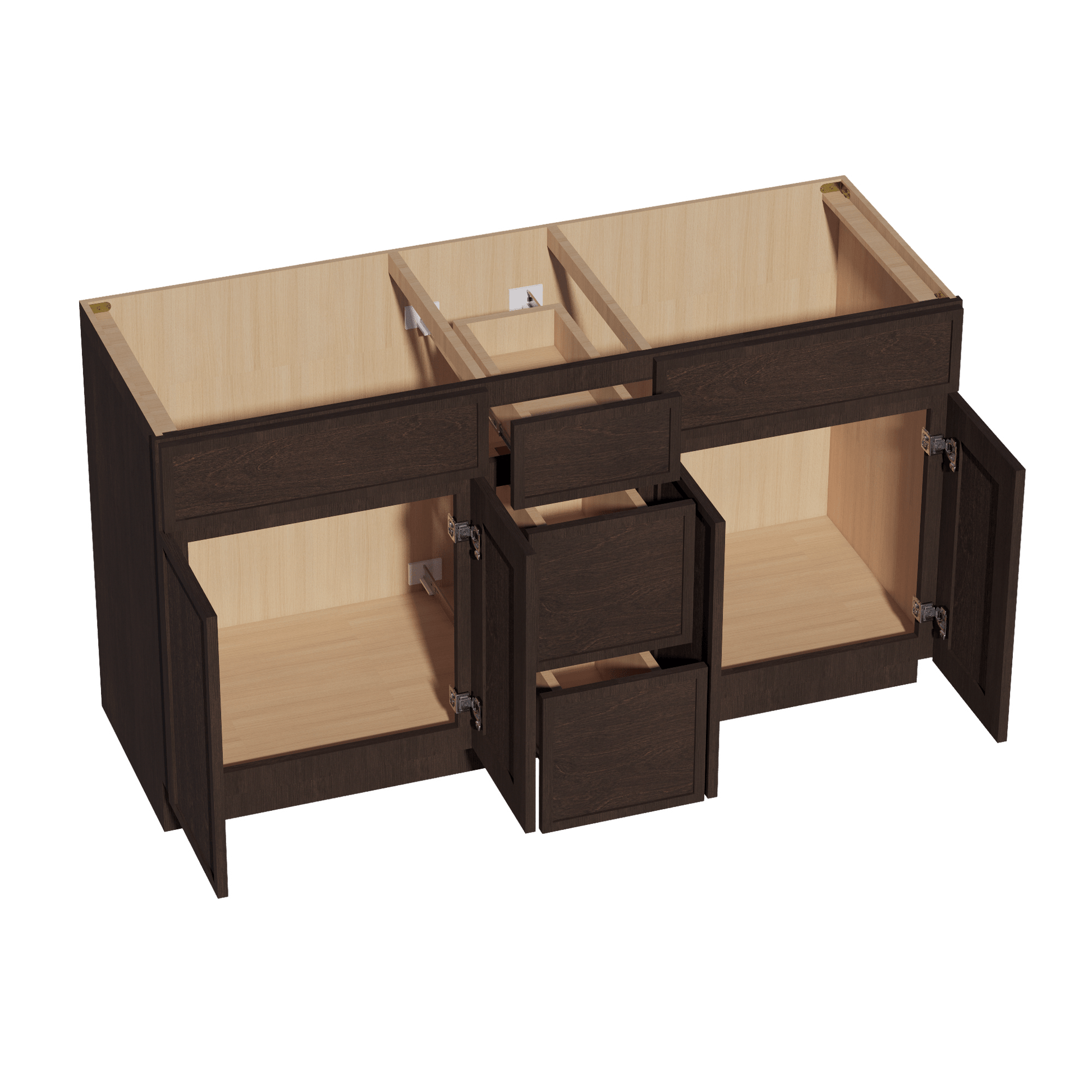 SM - VSD60DOUBLEE: Mocha Brown Slim Shaker 60"W x 34 - 1/2"H x 21"D 4 Doors, 3 Drawers & 2 False Drawers Double Sink Vanity Base Combo Cabinets - NextCabinets