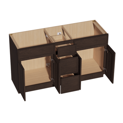 SM - VSD60DOUBLEE: Mocha Brown Slim Shaker 60"W x 34 - 1/2"H x 21"D 4 Doors, 3 Drawers & 2 False Drawers Double Sink Vanity Base Combo Cabinets - NextCabinets