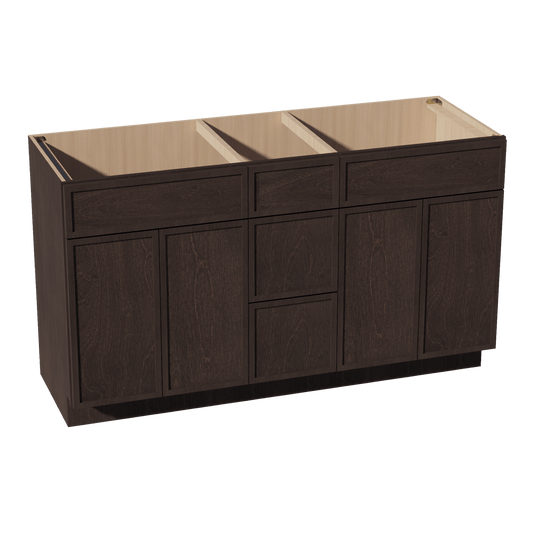 SM - VSD60DOUBLEE: Mocha Brown Slim Shaker 60"W x 34 - 1/2"H x 21"D 4 Doors, 3 Drawers & 2 False Drawers Double Sink Vanity Base Combo Cabinets - NextCabinets