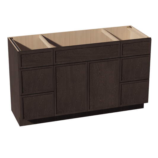 SM - VSD60SINGLE: Mocha Brown Slim Shaker 60"W x 34 - 1/2"H x 21"D 2 Doors, 6 Drawers & 1 False Drawer Single Sink Vanity Base Combo Cabinets - NextCabinets