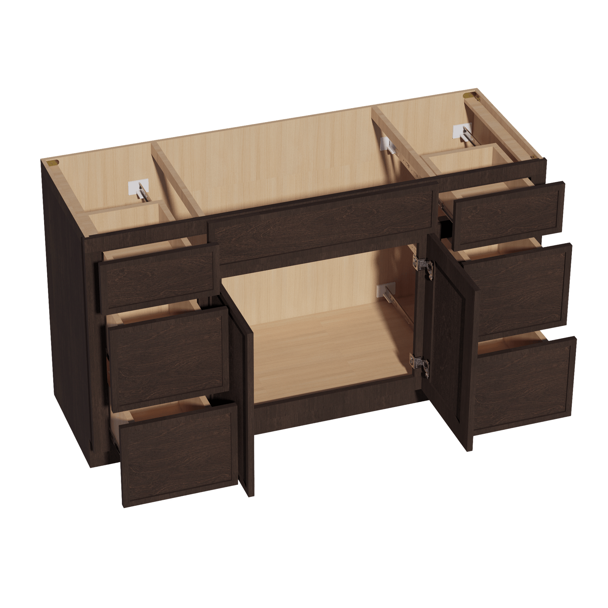 SM - VSD60SINGLE: Mocha Brown Slim Shaker 60"W x 34 - 1/2"H x 21"D 2 Doors, 6 Drawers & 1 False Drawer Single Sink Vanity Base Combo Cabinets - NextCabinets