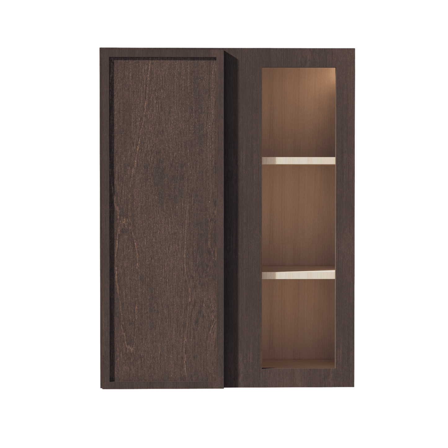 SM - WBC2736: Mocha Brown Slim Shaker 27"W x 36"H 1 Door & 2 Shelves Wall Blind Corner Cabinets - NextCabinets