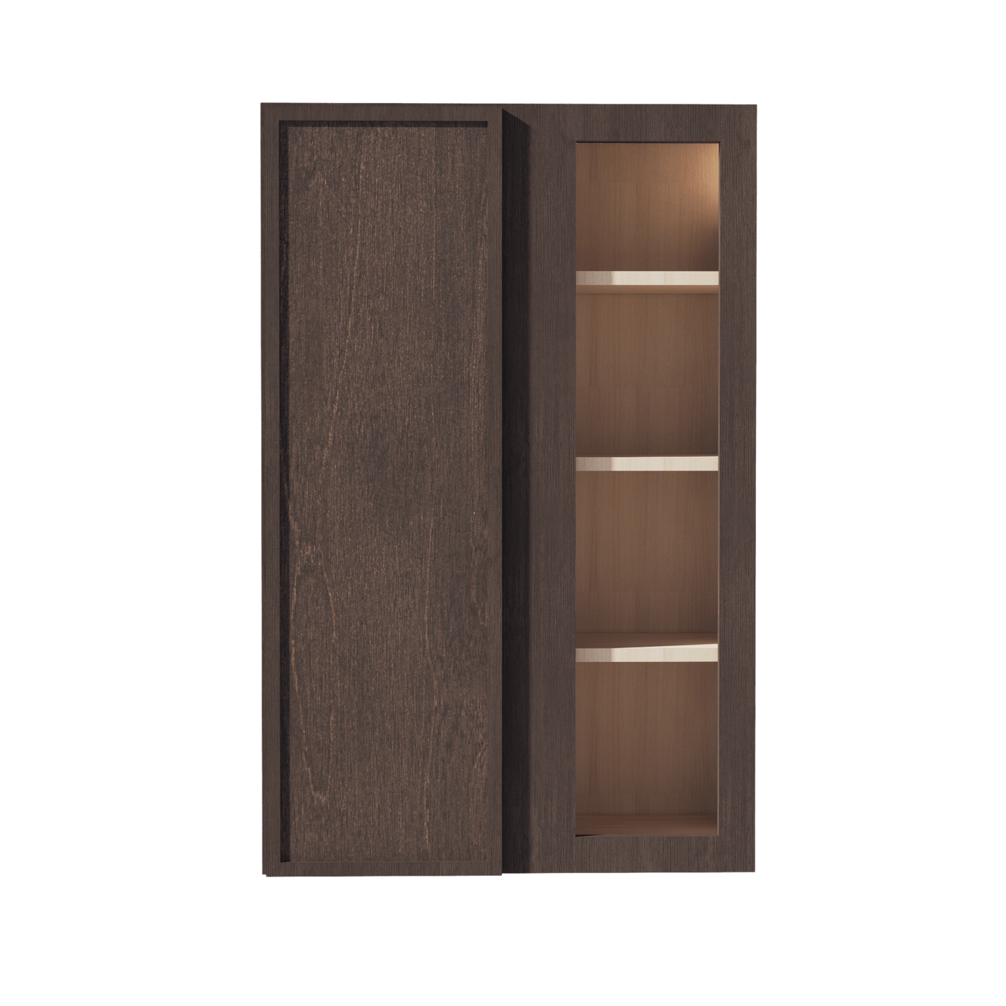 SM - WBC2742: Mocha Brown Slim Shaker 27"W x 42"H 1 Door & 2 Shelves Wall Blind Corner Cabinets - NextCabinets