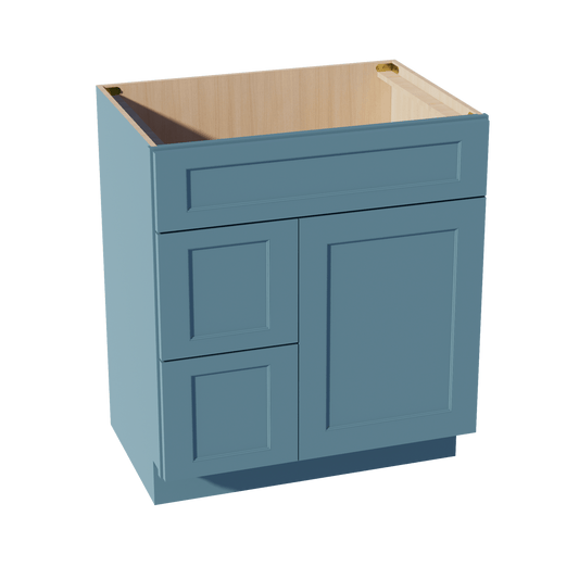 TG - VSD3021L: Soft Green Shaker 30"W x 34 - 1/2"H x 21"D 1 Door & 2 Left Drawers Offset Vanity Sink Base Cabinets - NextCabinets