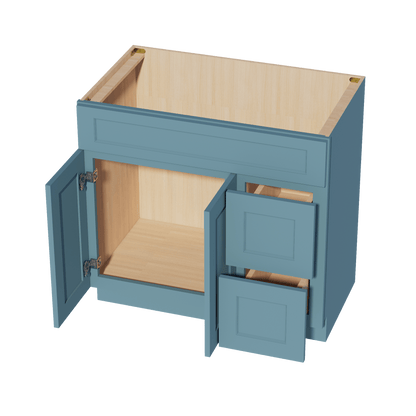 TG - VSD3621R: Soft Green Shaker 36"W x 34 - 1/2"H x 21"D 2 Doors & 2 Right Drawers Offset Vanity Sink Base Cabinets - NextCabinets