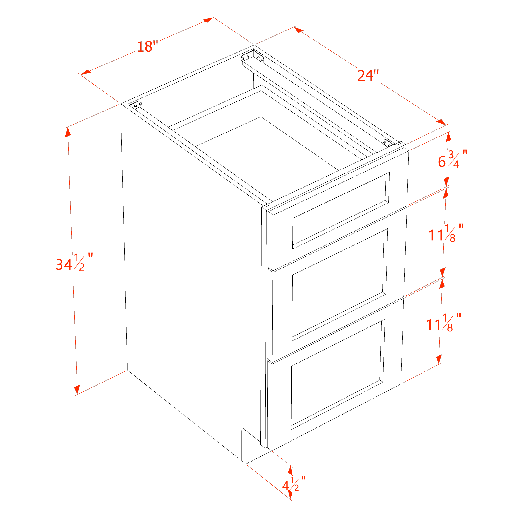 TW - DB18: Creamy White Shaker 18" 3 Drawers Base Cabinet - NextCabinets