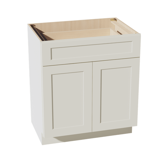 TW - VB3021: Creamy White Shaker 30"W x 34 - 1/2"H x 21"D 2 Doors & 1 Drawer Double Door Vanity Base Cabinets - NextCabinets