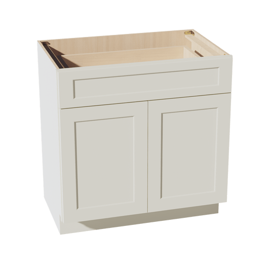 TW - VB3321: Creamy White Shaker 33"W x 34 - 1/2"H x 21"D 2 Doors & 1 Drawer Double Door Vanity Base Cabinets - NextCabinets