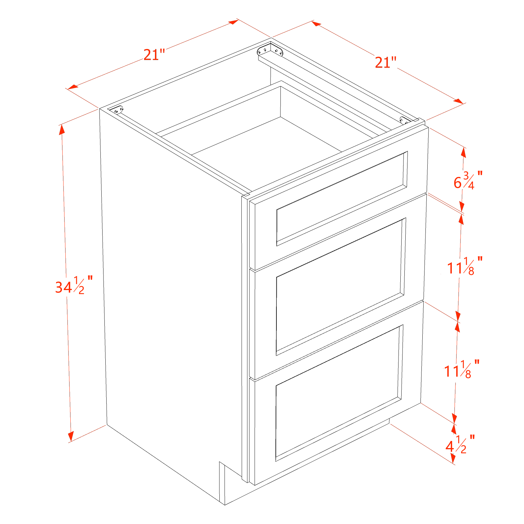 TW - VDB2121: Creamy White Shaker 21"W x 34 - 1/2"H x 21"D 3 Drawers Vanity Base Cabinets - NextCabinets