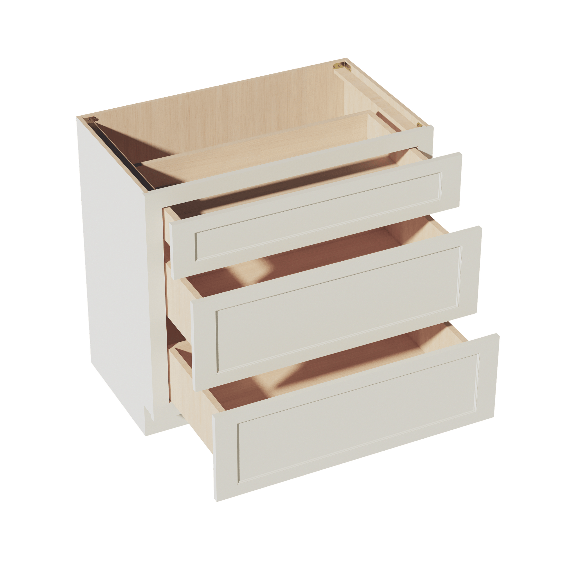 TW - VDB3621: Creamy White Shaker 36"W x 34 - 1/2"H x 21"D 3 Drawers Vanity Base Cabinets - NextCabinets