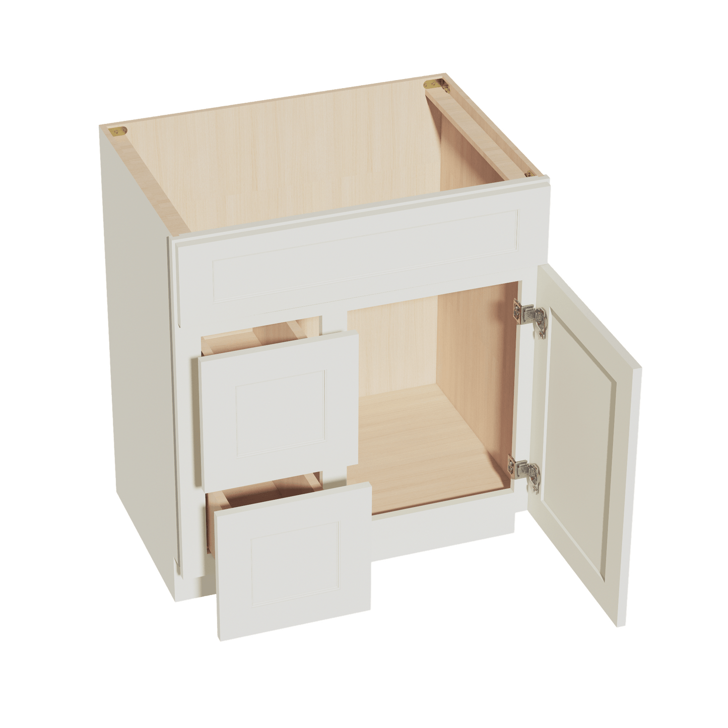 TW - VSD3021L: Creamy White Shaker 30"W x 34 - 1/2"H x 21"D 1 Door & 2 Left Drawers Offset Vanity Sink Base Cabinets - NextCabinets