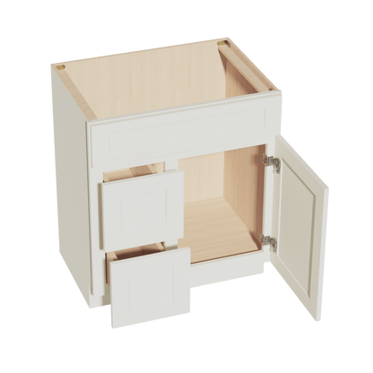 TW - VSD3021L: Creamy White Shaker 30"W x 34 - 1/2"H x 21"D 1 Door & 2 Left Drawers Offset Vanity Sink Base Cabinets - NextCabinets
