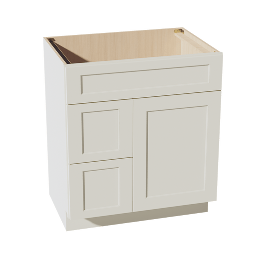 TW - VSD3021L: Creamy White Shaker 30"W x 34 - 1/2"H x 21"D 1 Door & 2 Left Drawers Offset Vanity Sink Base Cabinets - NextCabinets