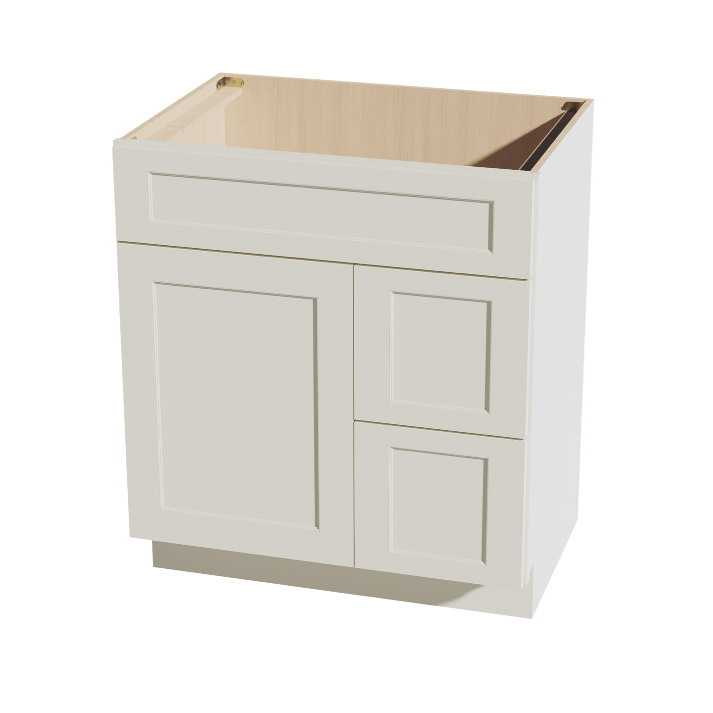 TW - VSD3021R: Creamy White Shaker 30"W x 34 - 1/2"H x 21"D 1 Door & 2 Right Drawers Offset Vanity Sink Base Cabinets - NextCabinets
