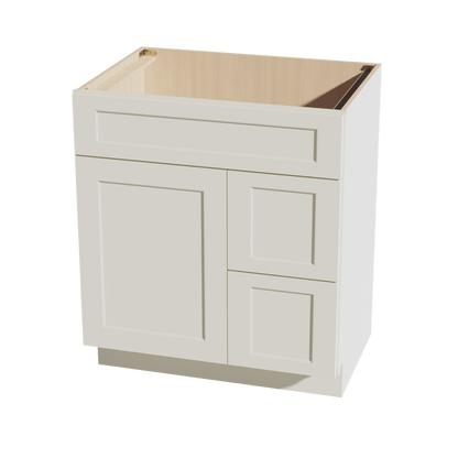 TW - VSD3021R: Creamy White Shaker 30"W x 34 - 1/2"H x 21"D 1 Door & 2 Right Drawers Offset Vanity Sink Base Cabinets - NextCabinets