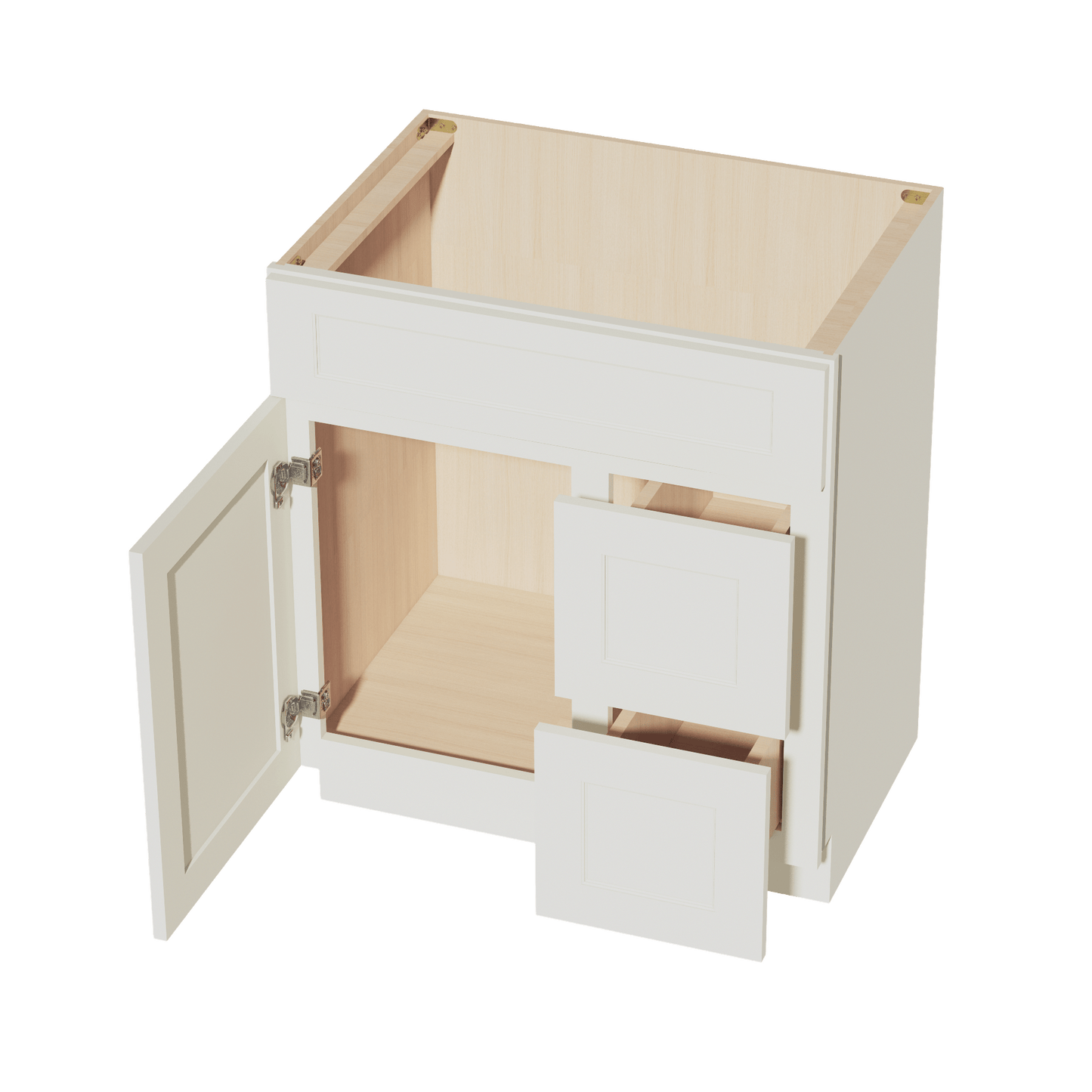 TW - VSD3021R: Creamy White Shaker 30"W x 34 - 1/2"H x 21"D 1 Door & 2 Right Drawers Offset Vanity Sink Base Cabinets - NextCabinets