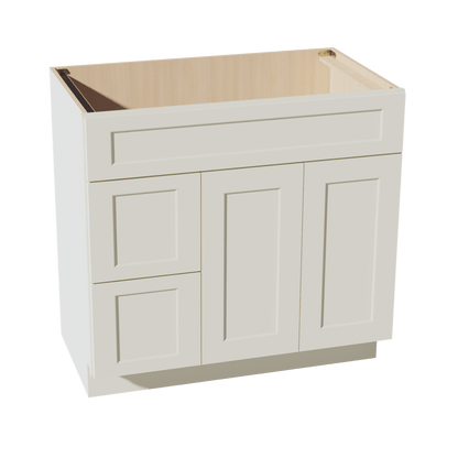 TW - VSD3621L: Creamy White Shaker 36"W x 34 - 1/2"H x 21"D 2 Doors & 2 Left Drawers Offset Vanity Sink Base Cabinets - NextCabinets