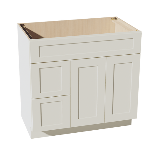 TW - VSD3621L: Creamy White Shaker 36"W x 34 - 1/2"H x 21"D 2 Doors & 2 Left Drawers Offset Vanity Sink Base Cabinets - NextCabinets