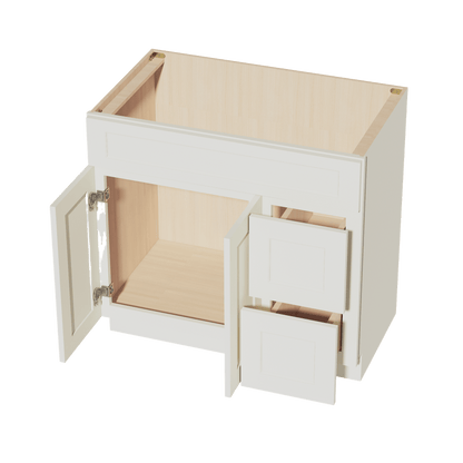 TW - VSD3621R: Creamy White Shaker 36"W x 34 - 1/2"H x 21"D 2 Doors & 2 Right Drawers Offset Vanity Sink Base Cabinets - NextCabinets
