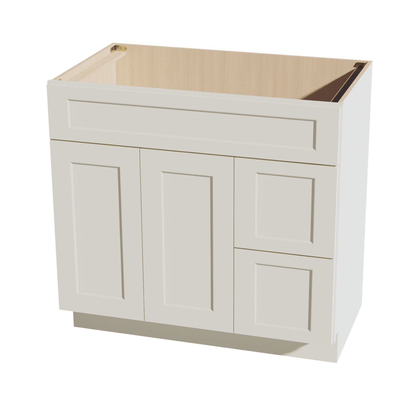 TW - VSD3621R: Creamy White Shaker 36"W x 34 - 1/2"H x 21"D 2 Doors & 2 Right Drawers Offset Vanity Sink Base Cabinets - NextCabinets