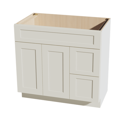 TW - VSD3621R: Creamy White Shaker 36"W x 34 - 1/2"H x 21"D 2 Doors & 2 Right Drawers Offset Vanity Sink Base Cabinets - NextCabinets