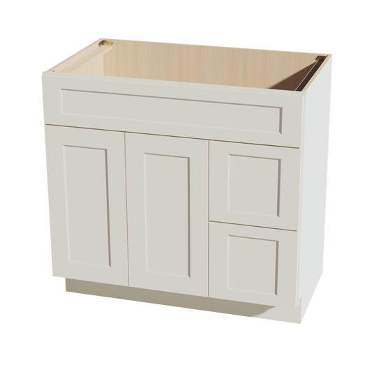 TW - VSD3621R: Creamy White Shaker 36"W x 34 - 1/2"H x 21"D 2 Doors & 2 Right Drawers Offset Vanity Sink Base Cabinets - NextCabinets