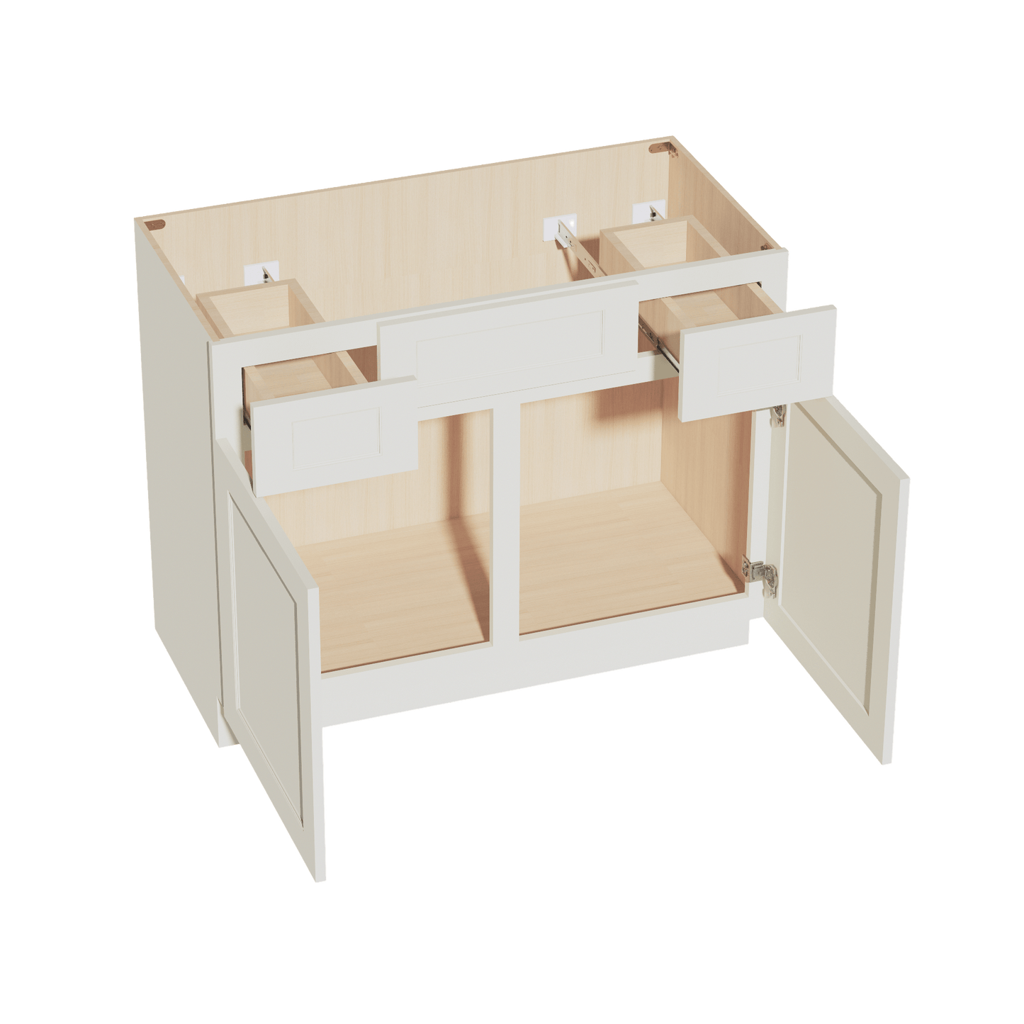 TW - VSD4221: Creamy White Shaker 42"W x 34 - 1/2"H x 21"D 2 Doors, 2 Drawers & 1 False Drawer Centered Vanity Sink Base Cabinets - NextCabinets