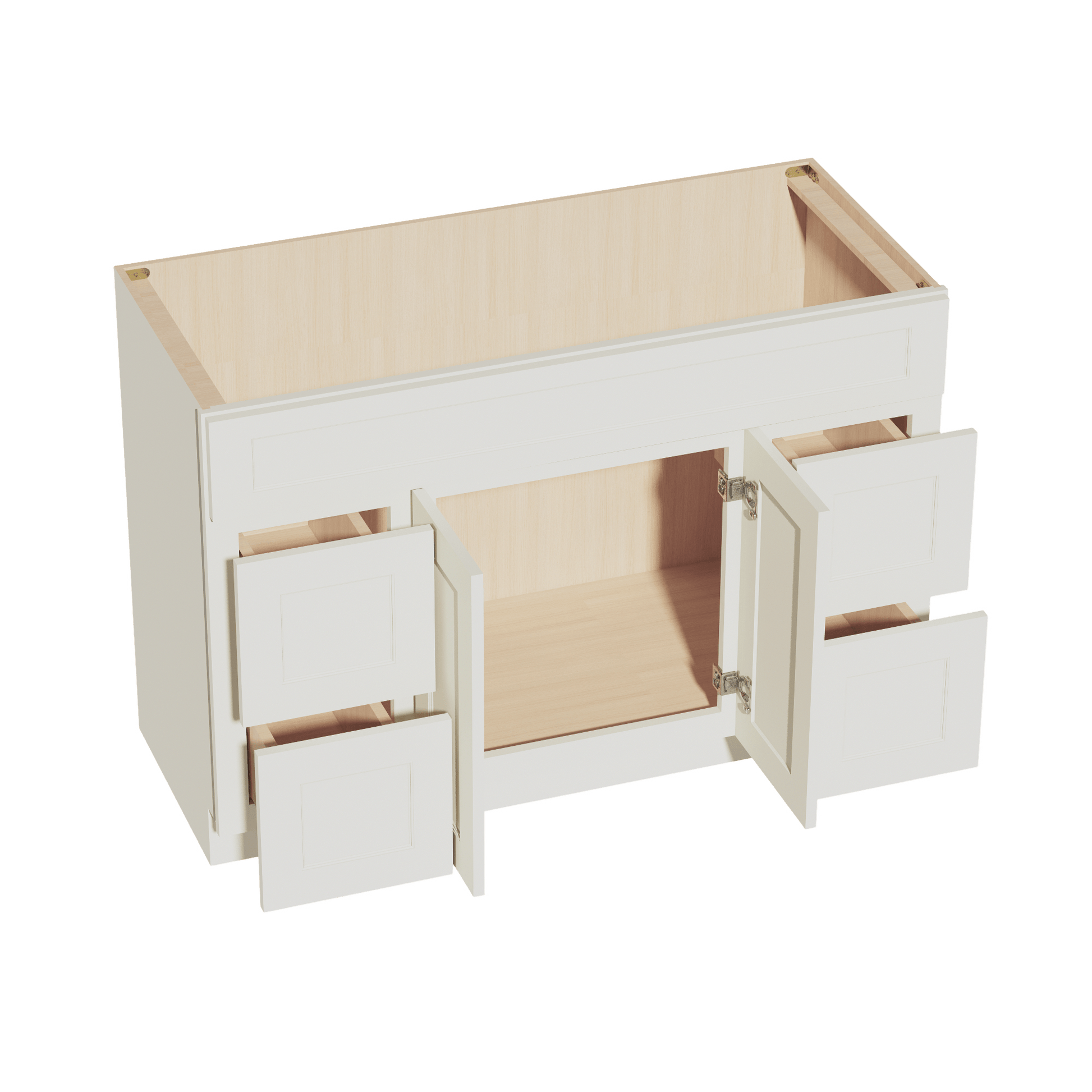 TW - VSD4821: Creamy White Shaker 48"W x 34 - 1/2"H x 21"D 2 Doors, 4 Drawers & 1 False Drawer Centered Vanity Sink Base Cabinets - NextCabinets