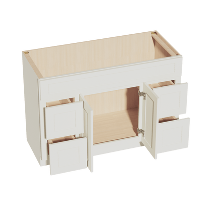 TW - VSD4821: Creamy White Shaker 48"W x 34 - 1/2"H x 21"D 2 Doors, 4 Drawers & 1 False Drawer Centered Vanity Sink Base Cabinets - NextCabinets
