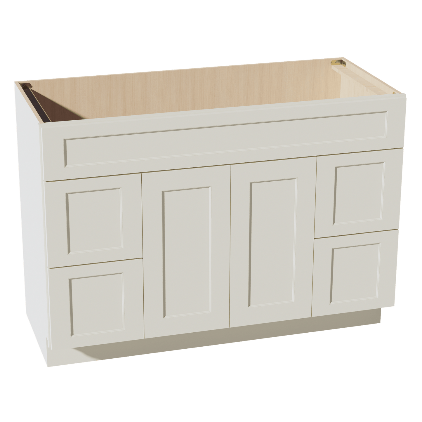 TW - VSD4821: Creamy White Shaker 48"W x 34 - 1/2"H x 21"D 2 Doors, 4 Drawers & 1 False Drawer Centered Vanity Sink Base Cabinets - NextCabinets