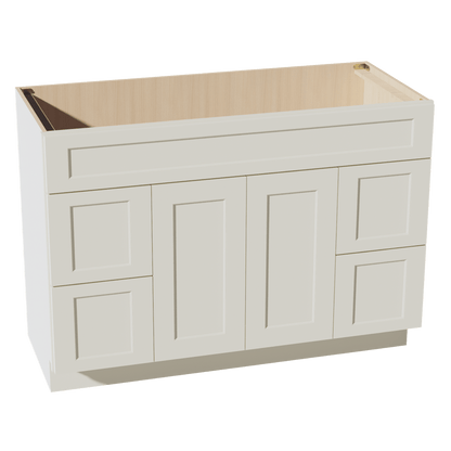 TW - VSD4821: Creamy White Shaker 48"W x 34 - 1/2"H x 21"D 2 Doors, 4 Drawers & 1 False Drawer Centered Vanity Sink Base Cabinets - NextCabinets