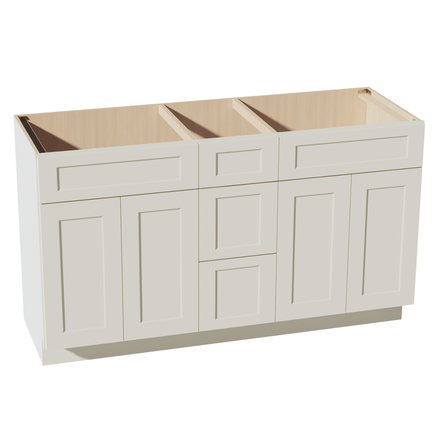 TW - VSD60DOUBLEE: Creamy White Shaker 60"W x 34 - 1/2"H x 21"D 4 Doors, 3 Drawers & 2 False Drawers Double Sink Vanity Base Combo Cabinets - NextCabinets
